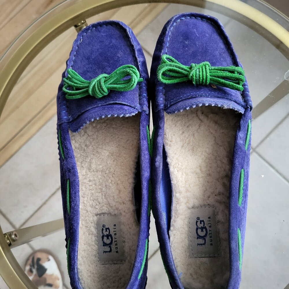 UGG Purple Suede Slipper Moccasins with Green Accents